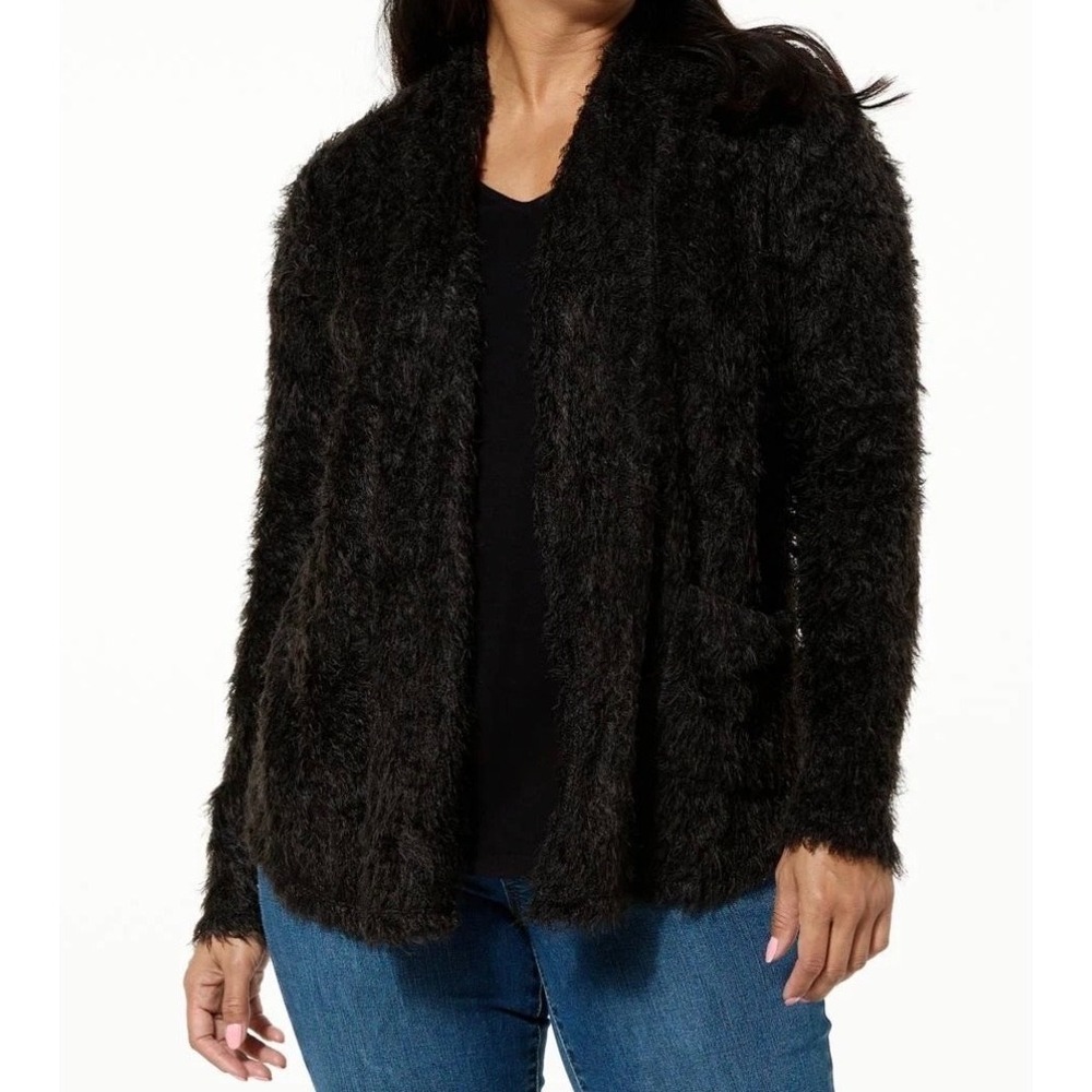 Soft Fluffy Fuzzy Black Witchy Goth Eyelash Knit Open Front Cardigan Sweater Med